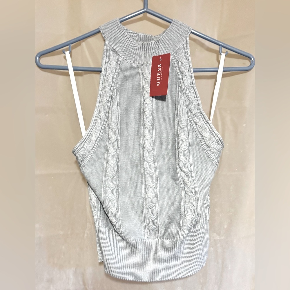Guess-Ice Blue-Cable Knit-Halter Top-70% Rayon Blend Summer Sweater-Sz-Large - Picture 2 of 6